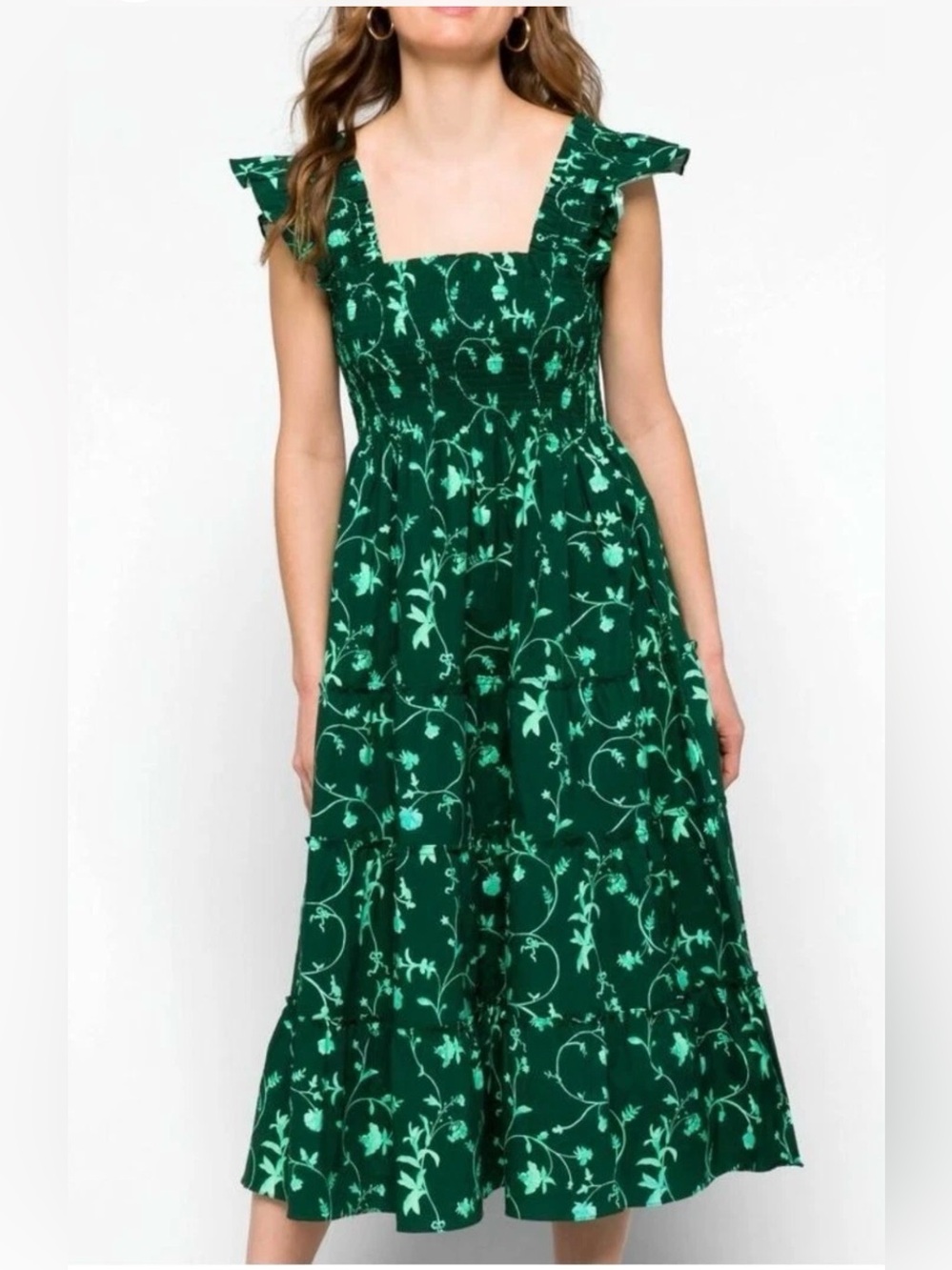Hill House Dark Green Floral Maxi Dress with Mint Print